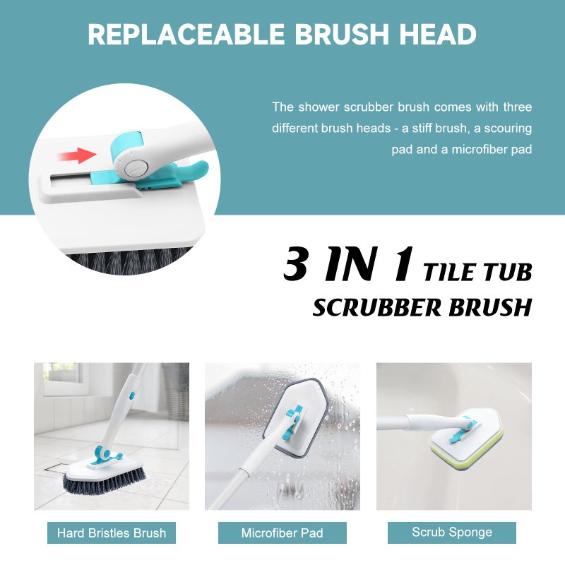 nacena Shower Scrubber with Long Handle, 3 in 1 Tile Tub Scrubber Brush with 3 Detachable Cleaning Heads Adjustable Handle Shower Cleaner Brush for Bathroom, Kitchen, Toilet, Wall, Sink, Blue White - Image 4